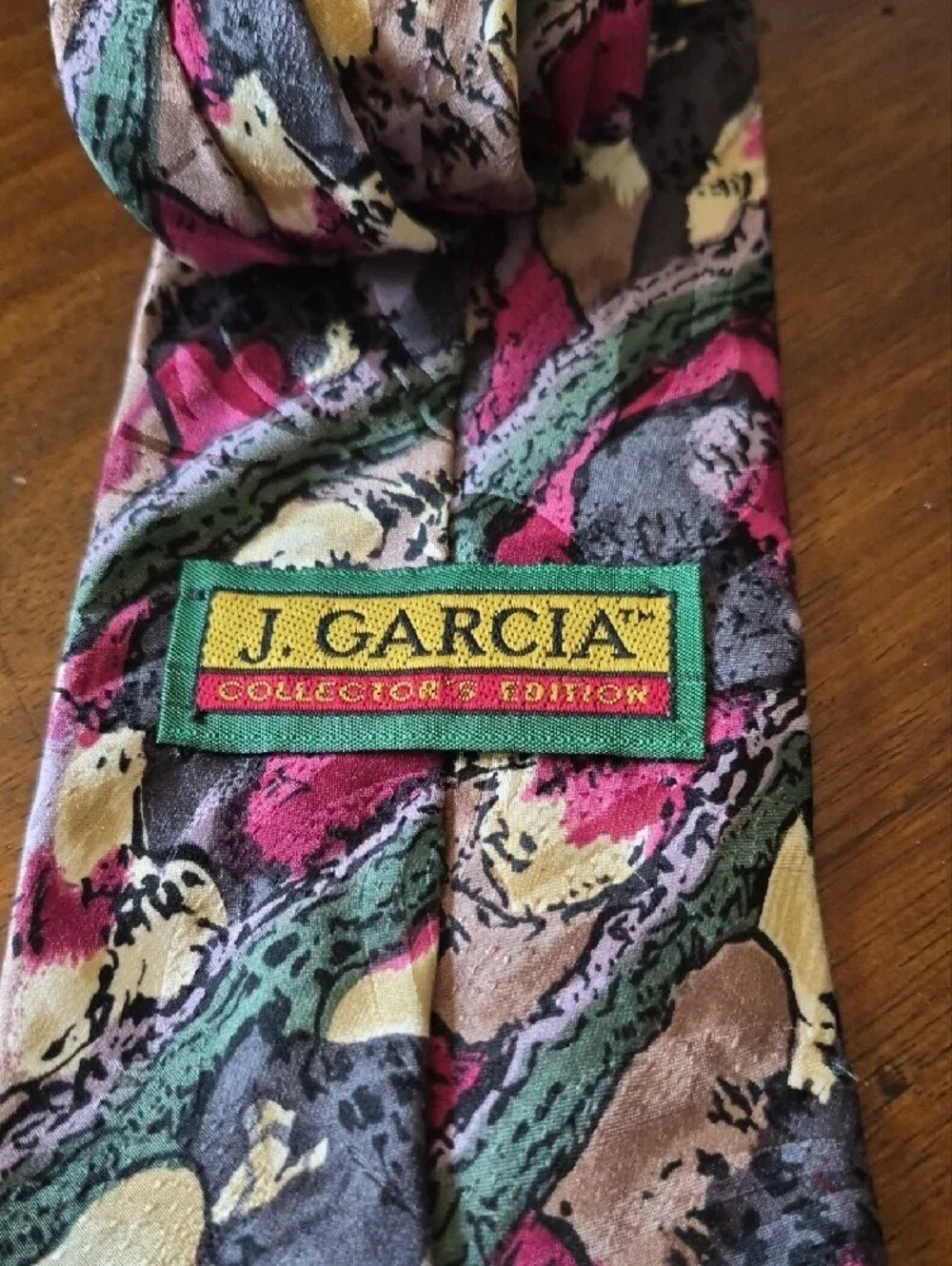 J. Garcia Multicolor Abstract Silk Tie in Pink, Green, Brown, Yellow